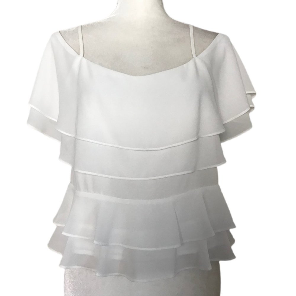 Chicwish Women's White Thin Adjustable Strap Ruffle Off Shoulder Cropped Sheer S